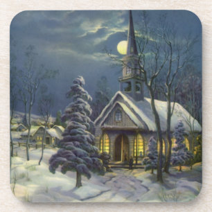 Vintage Weihnachten, Winterkirche im Schnee mit Mo Getränkeuntersetzer