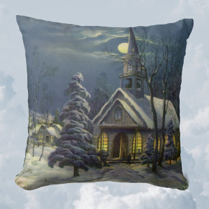 Vintage Weihnachten, Winterkirche im Schnee mit Mo Kissen