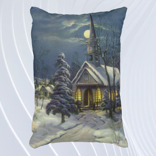 Vintage Weihnachten, Winterkirche im Schnee mit Mo Zierkissen