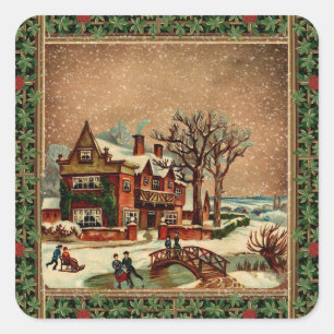 Vintage Weihnachten winterlich fröhlich retro stil Quadratischer Aufkleber