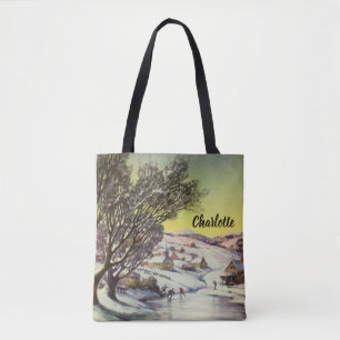 Vintage Weihnachten, zugefrorener See mit Eisläufe Tasche