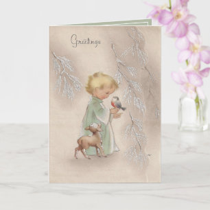 Vintage-Weihnachts-Blond-Baby-Vogel-Lamm Karte