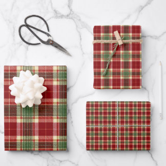 Vintage-Weihnachts-Cottagecore-Rot-Grün-Karo Geschenkpapier Set