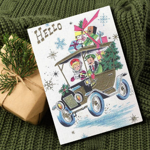 Vintage Weihnachts Couple Fahren mit Geschenken Feiertagskarte