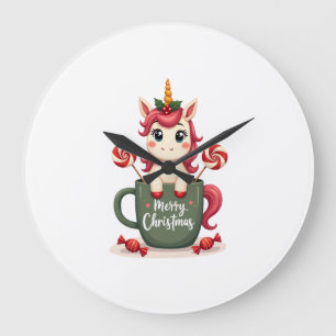 Vintage-Weihnachts-Einhorn in Merry Christmas Mug  Große Wanduhr