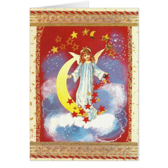 Vintage-Weihnachts-Engel mit Halbmond in Rot Karte