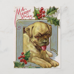 Vintage Weihnachts-Feiertag-Stechpalme-Hund-Postka Feiertagspostkarte
