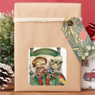 Vintage-Weihnachts-Feiertags-Haustier-Aufkleber Quadratischer Aufkleber