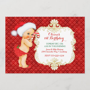 Vintage-Weihnachts-Geburtstagsfeier für Baby Mädch Einladung