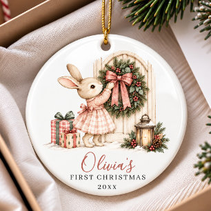 Vintage-Weihnachts-Hasen-Kranz Erstes Weihnachten Keramik Ornament