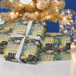 Vintage-Weihnachts-Haustiere im Wohnzimmer Geschenkpapier