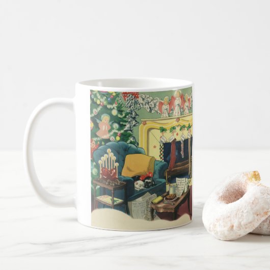 Vintage-Weihnachts-Haustiere im Wohnzimmer Kaffeetasse (Mit Donut)