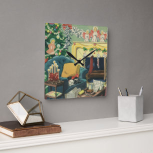 Vintage-Weihnachts-Haustiere im Wohnzimmer Quadratische Wanduhr