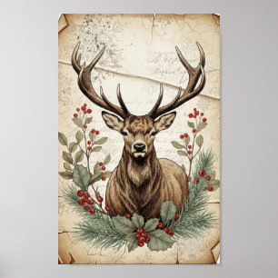 Vintage-Weihnachts-Hirsch-Decoupage-Kunst Poster