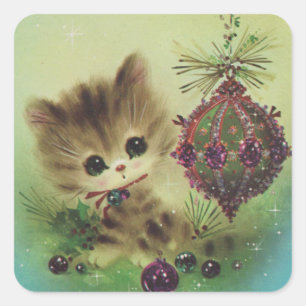 Vintage-Weihnachts-Kätzchen-By-Ornament Quadratischer Aufkleber