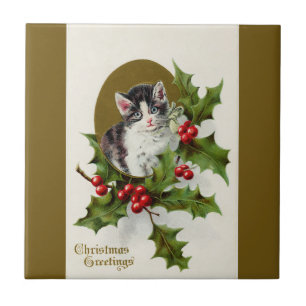 Vintage-Weihnachts-Kätzchen Gold Keramikfliese