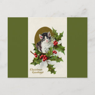 Vintage-Weihnachts-Kätzchen-grüne Postkarte