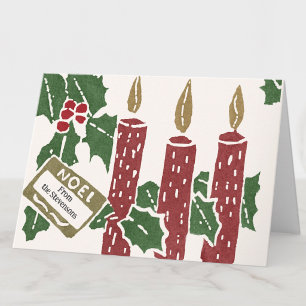 Vintage-Weihnachts-Linolschnitt-Druck Kerzen Gruß  Karte