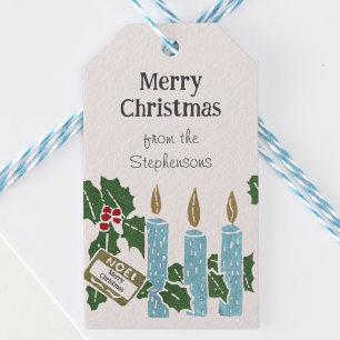 Vintage-Weihnachts-Linolschnittdruck Blaue Kerzen Geschenkanhänger