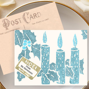Vintage-Weihnachts-Linolschnittdruck Blaue Kerzen  Postkarte