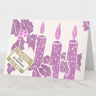 Vintage-Weihnachts-Linolschnittdruck rosa Kerzen Karte