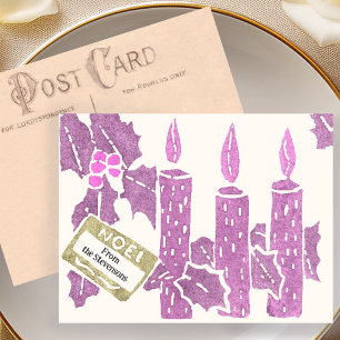 Vintage-Weihnachts-Linolschnittdruck rosa Kerzen  Postkarte