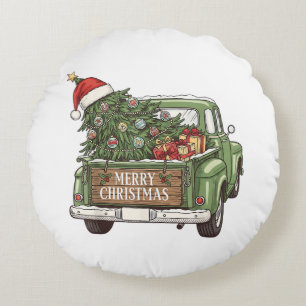Vintage-Weihnachts-Lkw Frohe Weihnachten Männer Fr Rundes Kissen