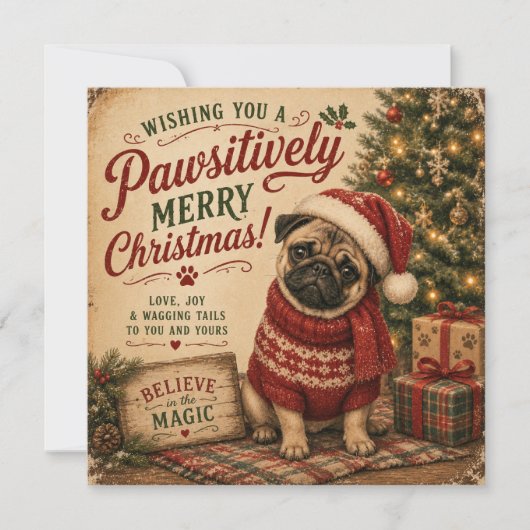 vintage Weihnachts-Mops-Flat-Karte (Vorderseite)