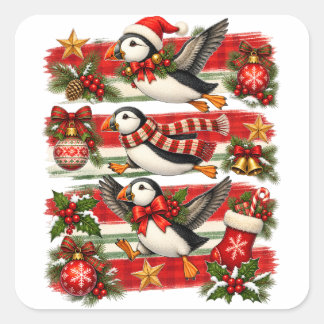 Vintage-Weihnachts-Papageientaucher Festive Feiert Quadratischer Aufkleber