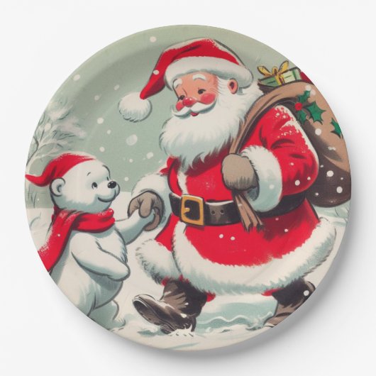 Vintage-Weihnachts-Papierplatten mit Santa und Bär Pappteller (Vorderseite)