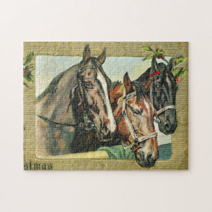 Vintage Weihnachts-Pferde-Trio mit Stechpalmen-Bee Puzzle
