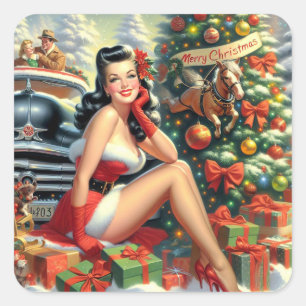 Vintage-Weihnachts-Pin-up Quadratischer Aufkleber