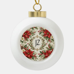 Vintage Weihnachts-Poinsettie & Stechpalme Keramik Kugel-Ornament