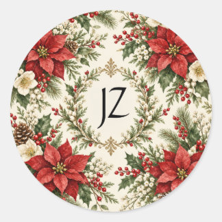 Vintage Weihnachts-Poinsettie & Stechpalme Runder Aufkleber