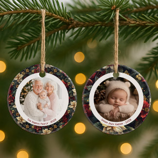 Vintage Weihnachts-Poinsettien 2 Foto-Ornament Keramik Ornament