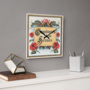 Vintage-Weihnachts-Poinsettien in einem verzierten Quadratische Wanduhr