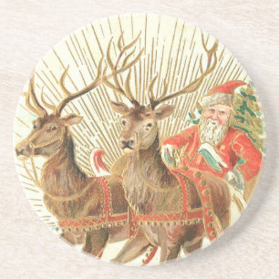 Vintage-Weihnachts-Postkarte, Santa mit Rentieren Getränkeuntersetzer