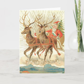 Vintage-Weihnachts-Postkarte, Santa mit Rentieren Karte