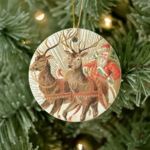 Vintage-Weihnachts-Postkarte, Santa mit Rentieren Keramik Ornament
