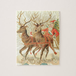 Vintage-Weihnachts-Postkarte, Santa mit Rentieren Puzzle