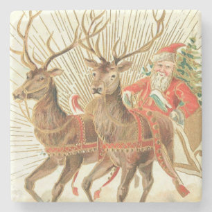 Vintage-Weihnachts-Postkarte, Santa mit Rentieren Steinuntersetzer