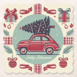 Vintage-Weihnachts-Rot-Retro-Auto  Untersetzer