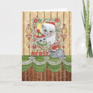 Vintage-Weihnachts-Santa-Katze mit Kätzchen Feiertagskarte