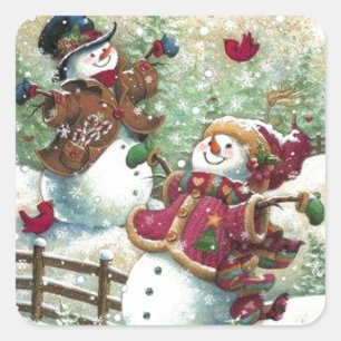 Vintage Weihnachts-Schneemänner Quadratischer Aufkleber