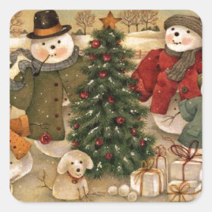 Vintage-Weihnachts-Schneemänner Quadratischer Aufkleber