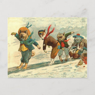 Vintage Weihnachts-Spaß Hunde Schneeballschlacht Feiertagspostkarte