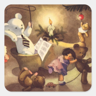 Vintage-Weihnachts-Spielzeug, tanzende Puppen, Ted Quadratischer Aufkleber