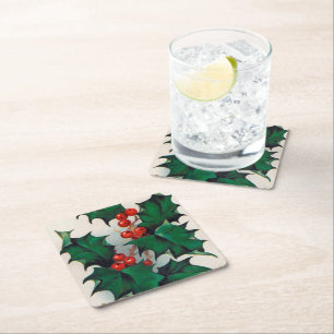Vintage Weihnachts-Stechpalmen-Beeren-Party Rechteckiger Pappuntersetzer