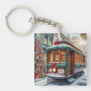 Vintage-Weihnachts-Straßenbahn im Schnee Schlüssel Schlüsselanhänger