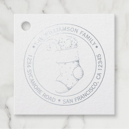 Vintage Weihnachts Strumpf Rücksendeadresse Silver Geschenkanhänger (Vorderseite)